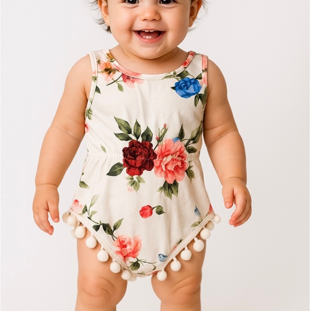 Floral Baby Romper with Pom Pom Trim